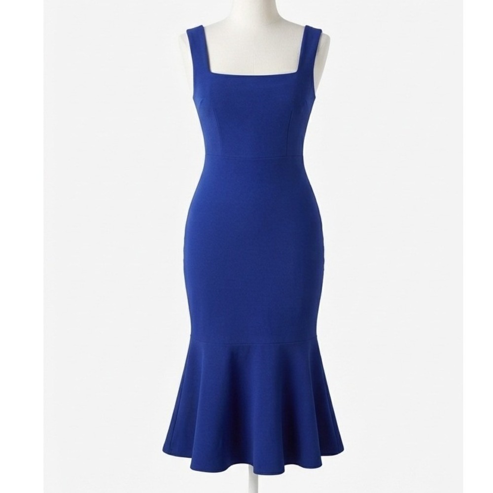 Lulus Moment Maker Cobalt Blue Square Neck Trumpet Midi Dress Medium NWT